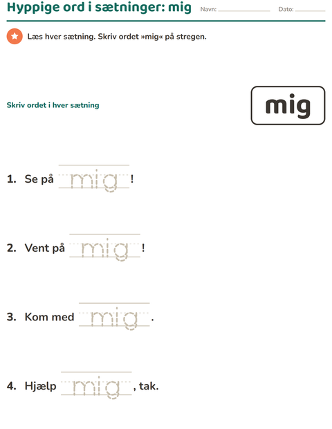 Forhåndsvisning af De hyppigste ord-arbejdsark til Børnehaveklasse