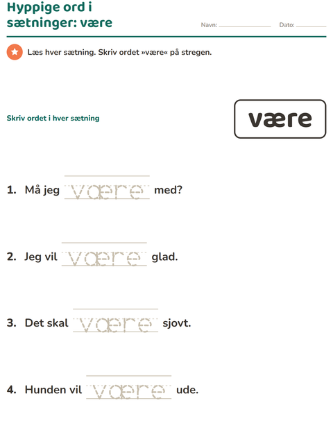 Forhåndsvisning af De hyppigste ord-arbejdsark til Børnehaveklasse