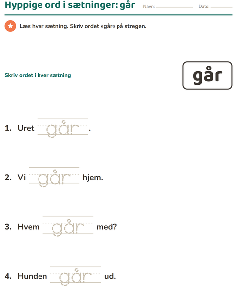 Forhåndsvisning af De hyppigste ord-arbejdsark til Børnehaveklasse