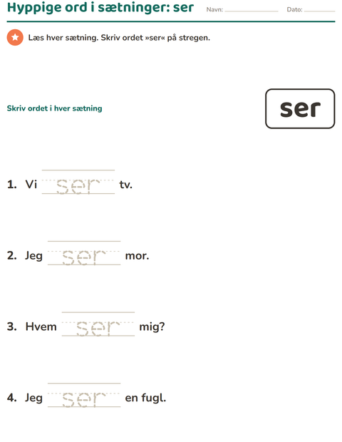 Forhåndsvisning af De hyppigste ord-arbejdsark til Børnehaveklasse
