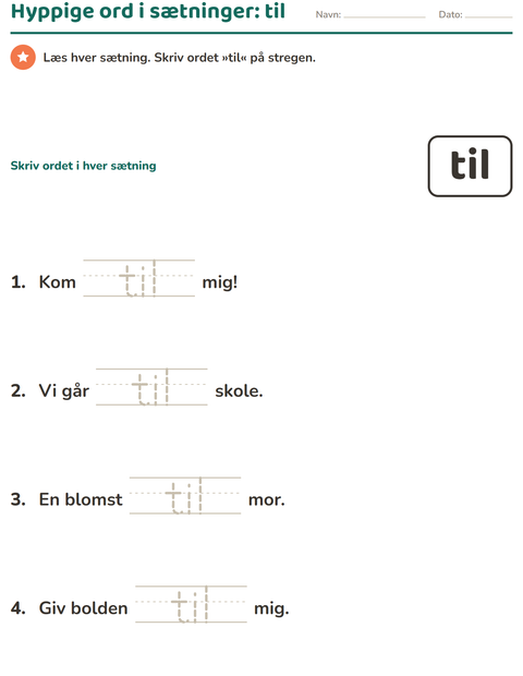 Forhåndsvisning af De hyppigste ord-arbejdsark til Børnehaveklasse