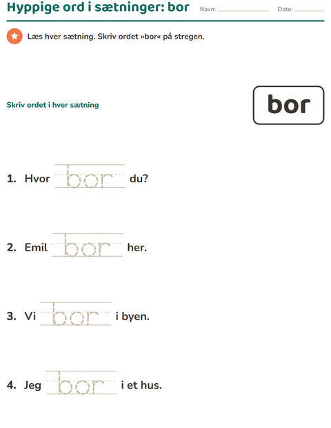 Forhåndsvisning af De hyppigste ord-arbejdsark til Børnehaveklasse