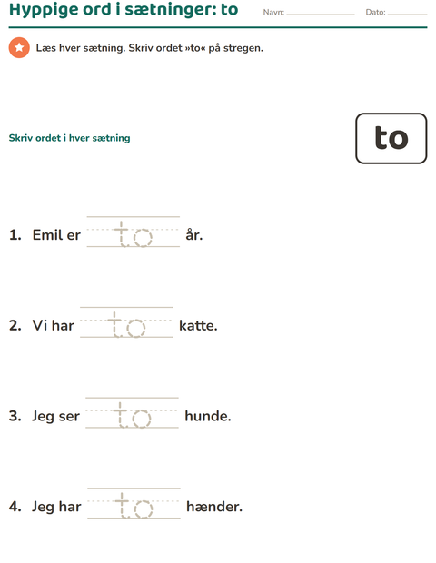 Forhåndsvisning af De hyppigste ord-arbejdsark til Børnehaveklasse