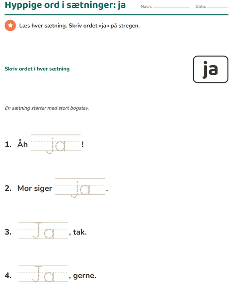 Forhåndsvisning af De hyppigste ord-arbejdsark til Børnehaveklasse