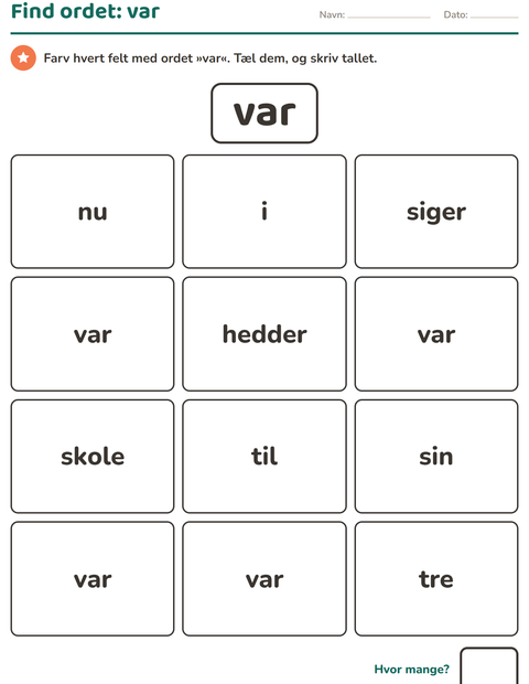 Forhåndsvisning af De hyppigste ord-arbejdsark til Børnehaveklasse