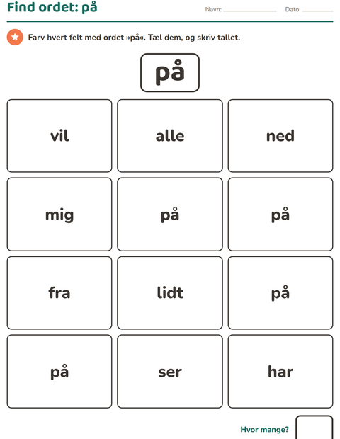 Forhåndsvisning af De hyppigste ord-arbejdsark til Børnehaveklasse