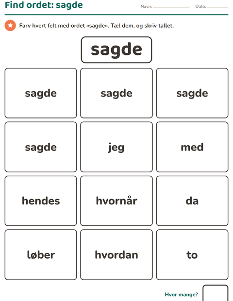 Forhåndsvisning af De hyppigste ord-arbejdsark til Børnehaveklasse