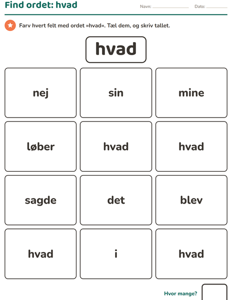 Forhåndsvisning af De hyppigste ord-arbejdsark til Børnehaveklasse