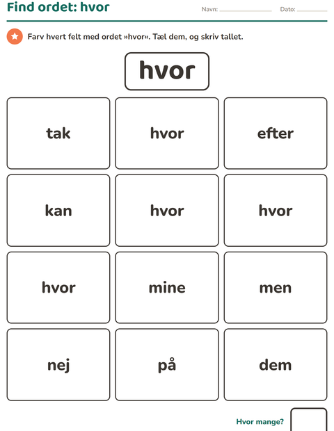 Forhåndsvisning af De hyppigste ord-arbejdsark til Børnehaveklasse