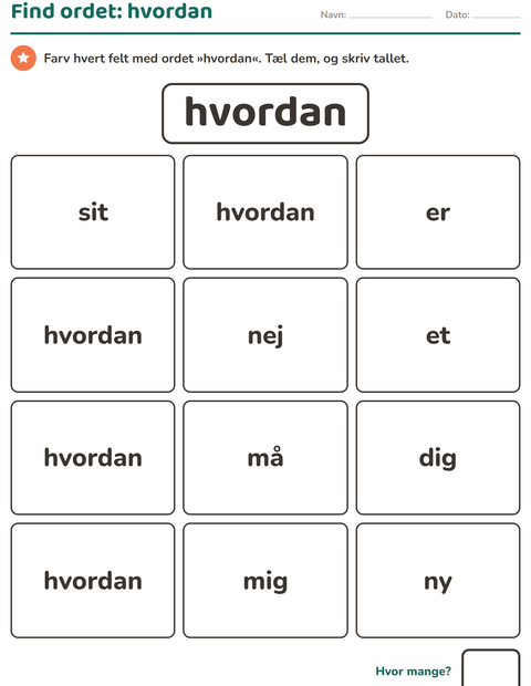 Forhåndsvisning af De hyppigste ord-arbejdsark til Børnehaveklasse