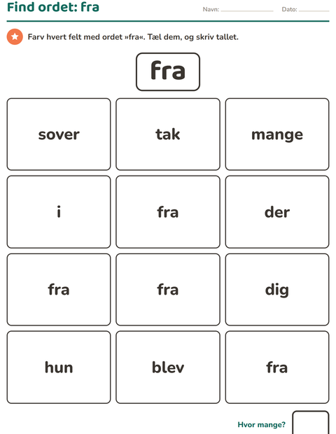 Forhåndsvisning af De hyppigste ord-arbejdsark til Børnehaveklasse