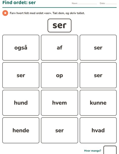 Forhåndsvisning af De hyppigste ord-arbejdsark til Børnehaveklasse