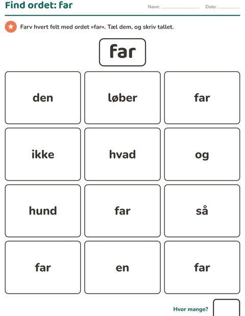 Forhåndsvisning af De hyppigste ord-arbejdsark til Børnehaveklasse