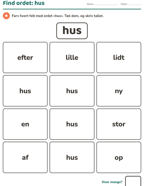 Forhåndsvisning af De hyppigste ord-arbejdsark til Børnehaveklasse