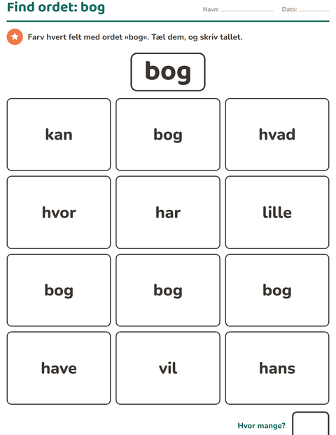 Forhåndsvisning af De hyppigste ord-arbejdsark til Børnehaveklasse