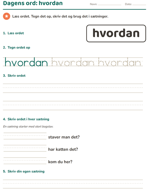 Forhåndsvisning af De hyppigste ord-arbejdsark til Børnehaveklasse
