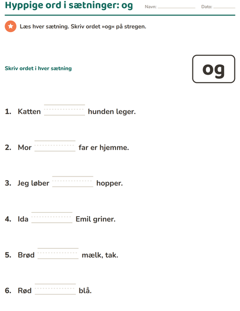Forhåndsvisning af De hyppigste ord-arbejdsark til Børnehaveklasse