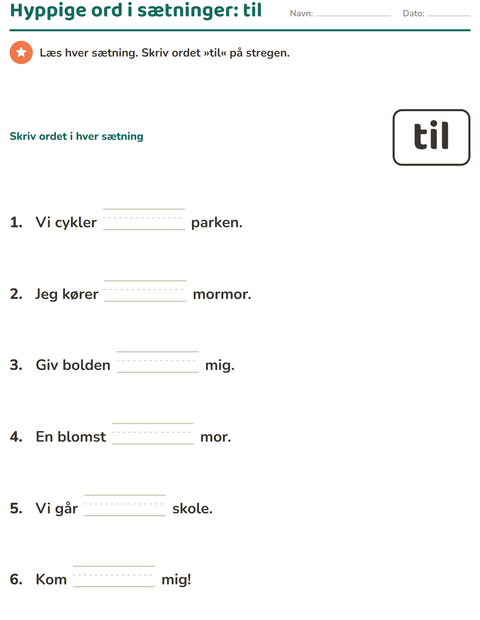 Forhåndsvisning af De hyppigste ord-arbejdsark til Børnehaveklasse