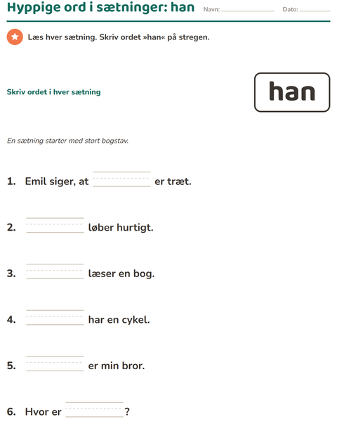 Forhåndsvisning af De hyppigste ord-arbejdsark til Børnehaveklasse