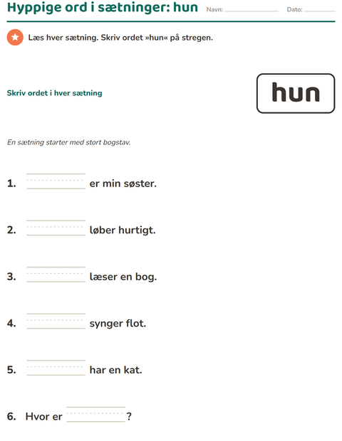 Forhåndsvisning af De hyppigste ord-arbejdsark til Børnehaveklasse