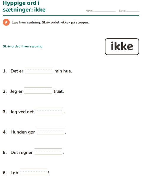 Forhåndsvisning af De hyppigste ord-arbejdsark til Børnehaveklasse