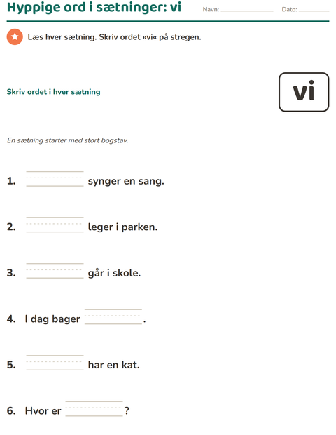 Forhåndsvisning af De hyppigste ord-arbejdsark til Børnehaveklasse