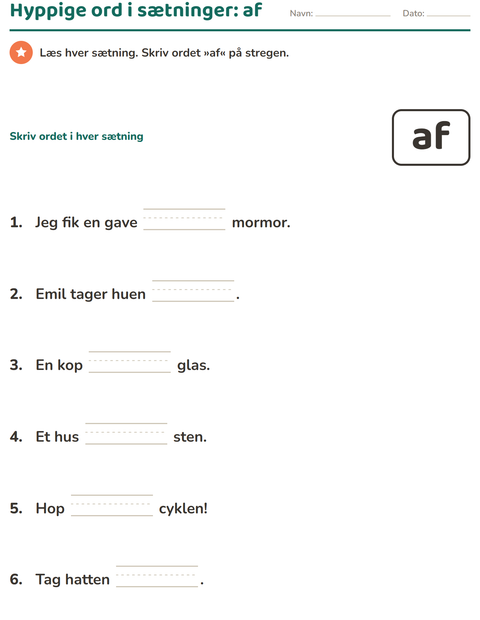 Forhåndsvisning af De hyppigste ord-arbejdsark til Børnehaveklasse