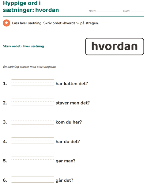 Forhåndsvisning af De hyppigste ord-arbejdsark til Børnehaveklasse