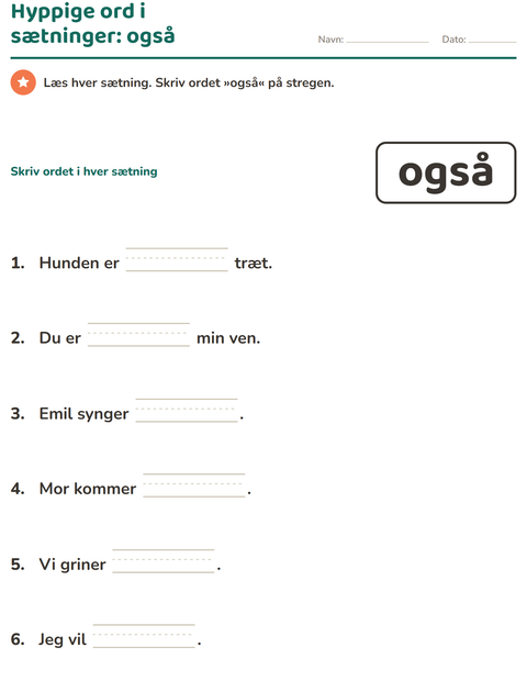 Forhåndsvisning af De hyppigste ord-arbejdsark til Børnehaveklasse
