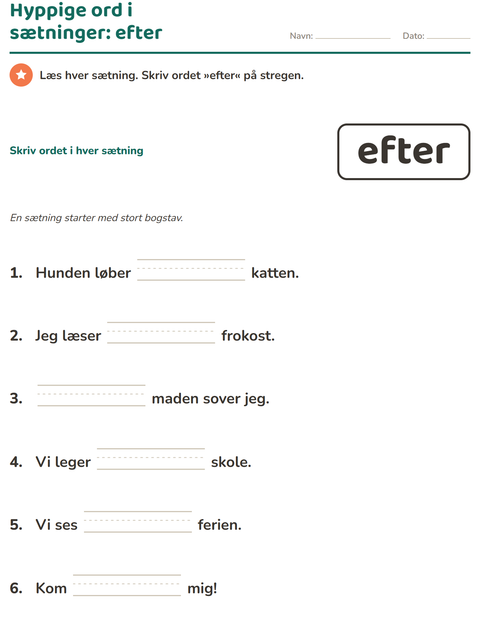 Forhåndsvisning af De hyppigste ord-arbejdsark til Børnehaveklasse