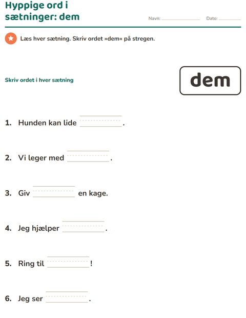 Forhåndsvisning af De hyppigste ord-arbejdsark til Børnehaveklasse