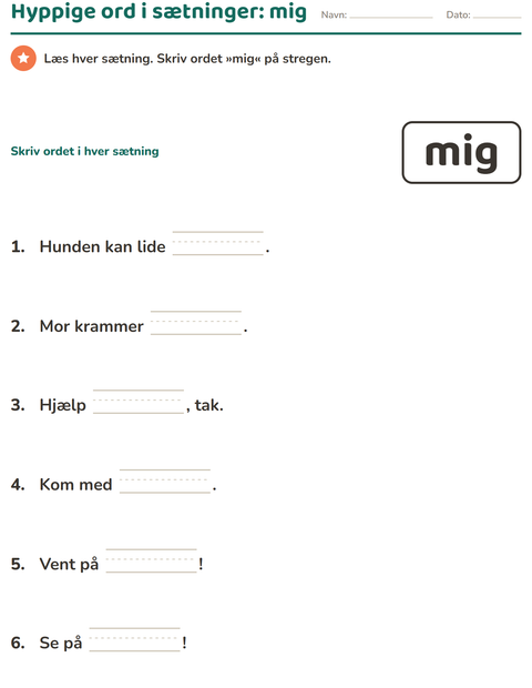 Forhåndsvisning af De hyppigste ord-arbejdsark til Børnehaveklasse
