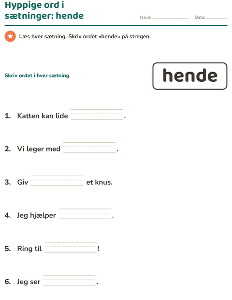 Forhåndsvisning af De hyppigste ord-arbejdsark til Børnehaveklasse