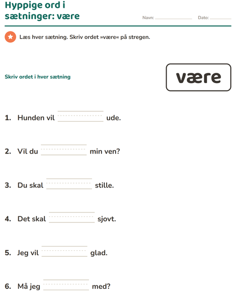 Forhåndsvisning af De hyppigste ord-arbejdsark til Børnehaveklasse