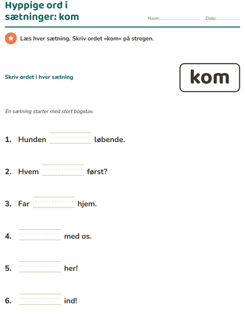 Forhåndsvisning af De hyppigste ord-arbejdsark til Børnehaveklasse
