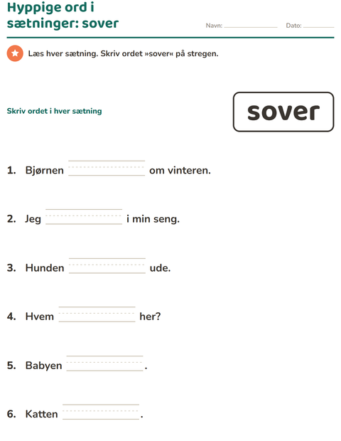 Forhåndsvisning af De hyppigste ord-arbejdsark til Børnehaveklasse