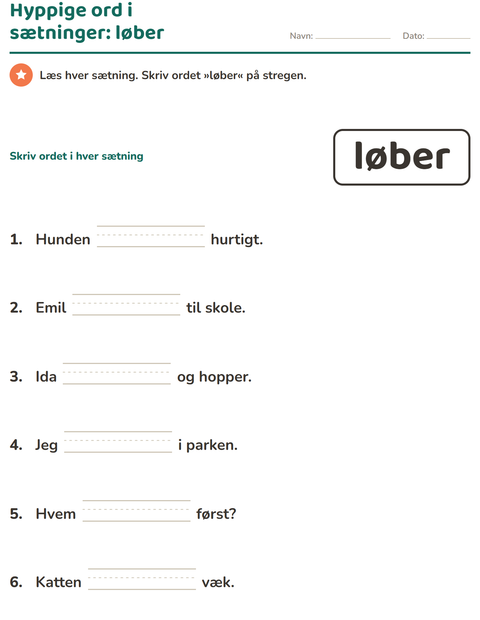 Forhåndsvisning af De hyppigste ord-arbejdsark til Børnehaveklasse