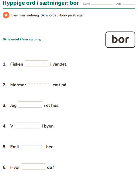 Forhåndsvisning af De hyppigste ord-arbejdsark til Børnehaveklasse