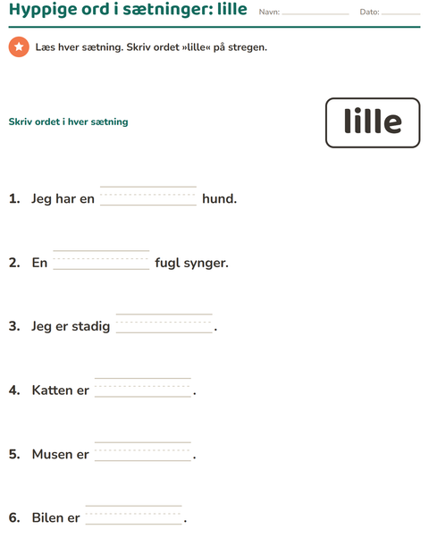 Forhåndsvisning af De hyppigste ord-arbejdsark til Børnehaveklasse