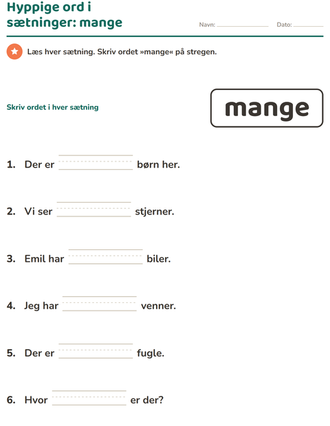 Forhåndsvisning af De hyppigste ord-arbejdsark til Børnehaveklasse