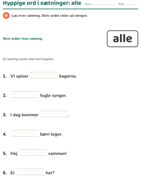 Forhåndsvisning af De hyppigste ord-arbejdsark til Børnehaveklasse
