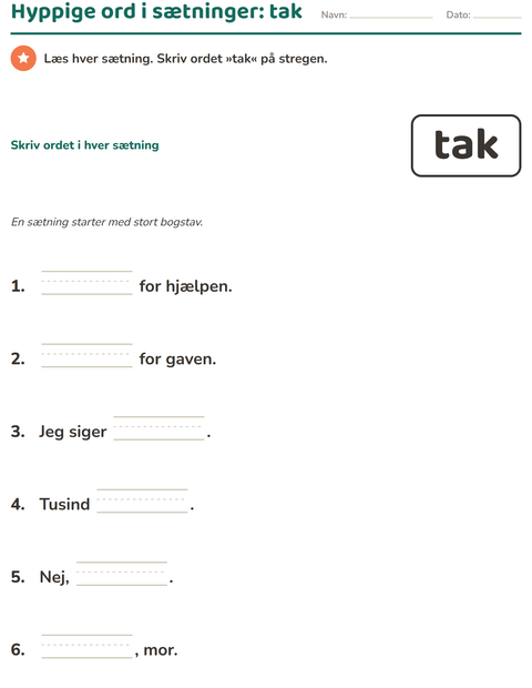 Forhåndsvisning af De hyppigste ord-arbejdsark til Børnehaveklasse