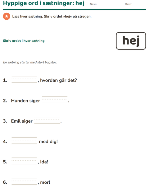 Forhåndsvisning af De hyppigste ord-arbejdsark til Børnehaveklasse