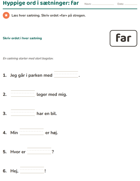 Forhåndsvisning af De hyppigste ord-arbejdsark til Børnehaveklasse