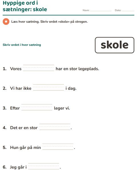 Forhåndsvisning af De hyppigste ord-arbejdsark til Børnehaveklasse