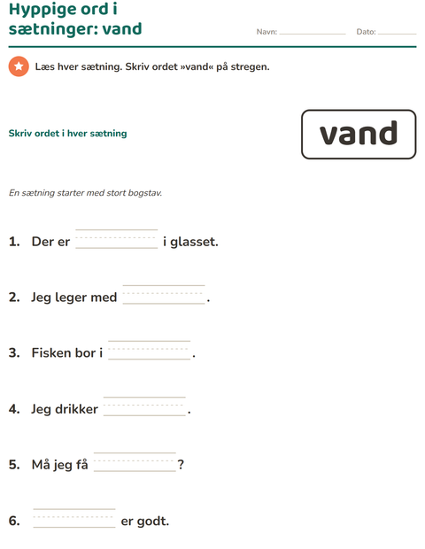 Forhåndsvisning af De hyppigste ord-arbejdsark til Børnehaveklasse