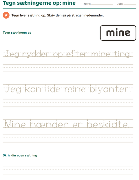 Forhåndsvisning af De hyppigste ord-arbejdsark til Børnehaveklasse