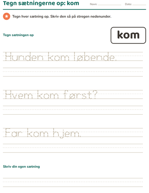 Forhåndsvisning af De hyppigste ord-arbejdsark til Børnehaveklasse