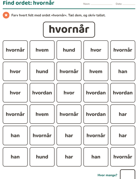 Forhåndsvisning af De hyppigste ord-arbejdsark til Børnehaveklasse