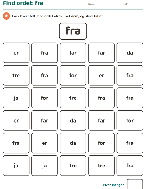 Forhåndsvisning af De hyppigste ord-arbejdsark til Børnehaveklasse